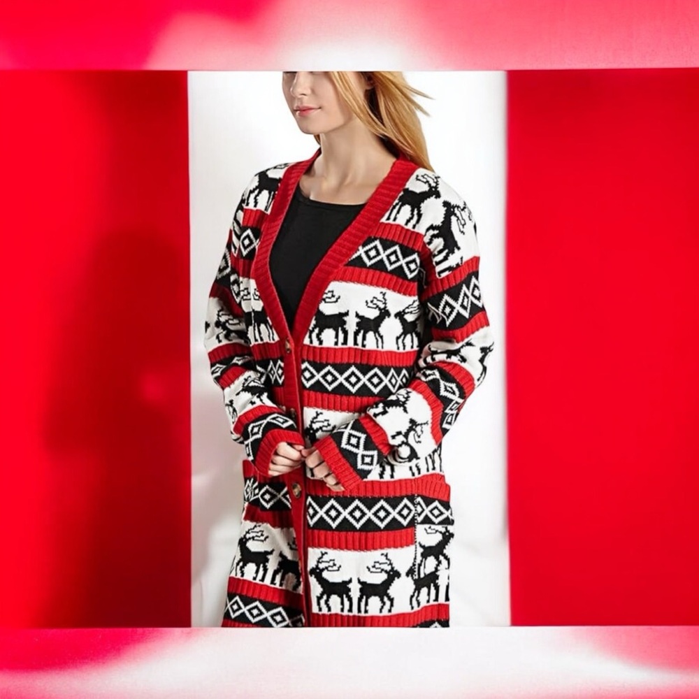 Merry Christmas V28 Oversized Reindeer Cardigan Sweater Size L Red Black White